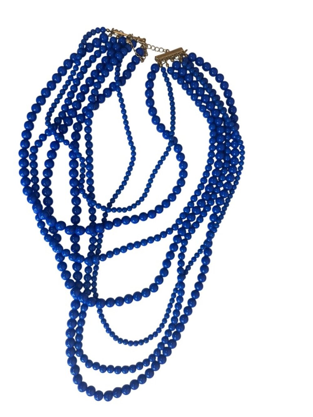 Multi-Strand Blue Beaded Necklace Exaggerated Huge Retro Gold-Tone Clasp